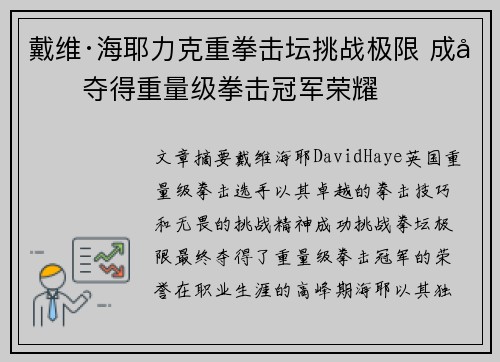 戴维·海耶力克重拳击坛挑战极限 成功夺得重量级拳击冠军荣耀