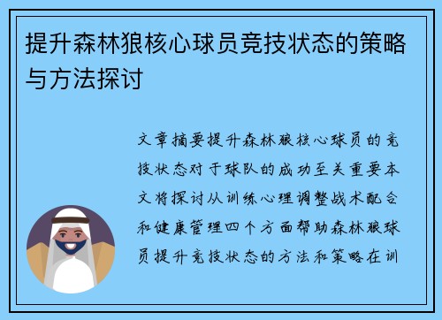 提升森林狼核心球员竞技状态的策略与方法探讨