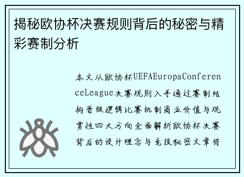 揭秘欧协杯决赛规则背后的秘密与精彩赛制分析